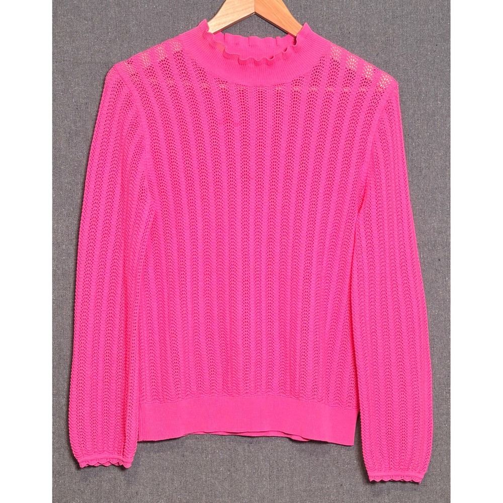 J.Crew Pink Pointelle Knit Ruffle Mock Neck Sweater Long Sleeve Crochet Top Sz S